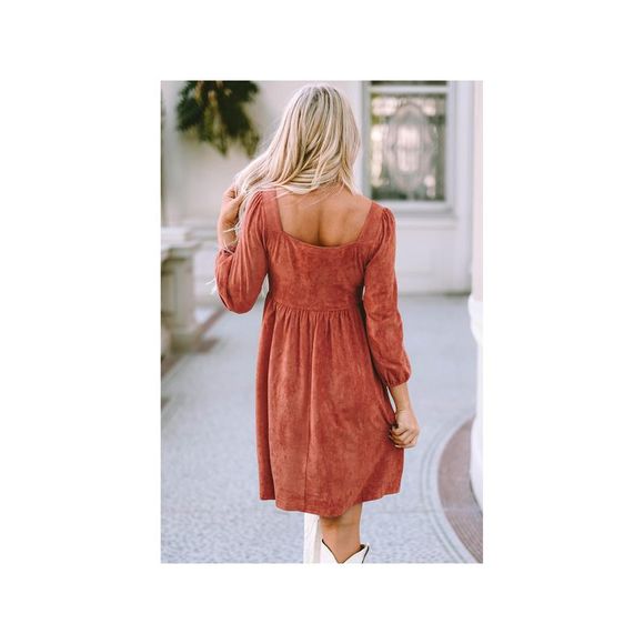 Azura Exchange Brown Suede Square Neck Puff Sleeve Dress - Picture 8 of 8